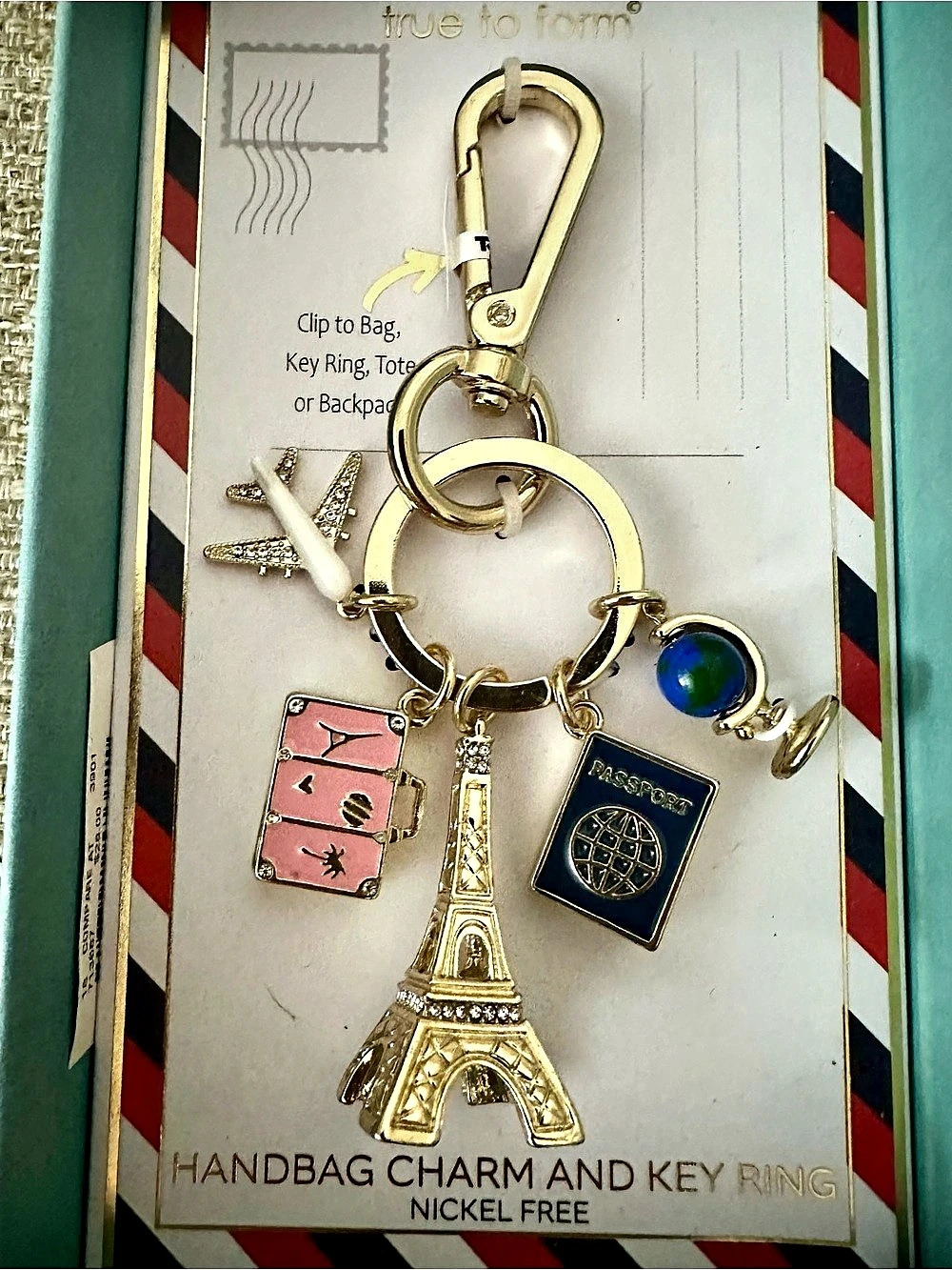 true to form Passport to Paris Handbag Charm and Key Ring Gold & Pink New in Box - Picture 6 of 6